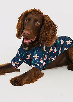 Navy Jersey Santa/Gingerbread Man Printed Jersey Dog Coat by Jac Jossa
