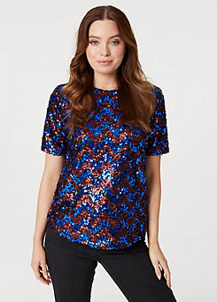 Navy Multi Sequin Short Sleeve Fitted Top by Izabel London