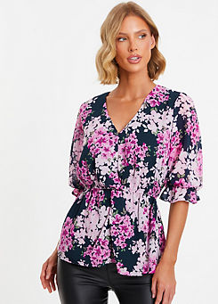 Navy Pink Lilac Floral Chiffon Three-Quarter Sleeve Blouse by Quiz