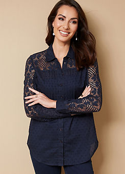 Navy Pintuck Lace Blouse by Freestyle