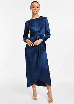 Navy Satin Wrap Maxi Dress with Long Sleeve by Quiz