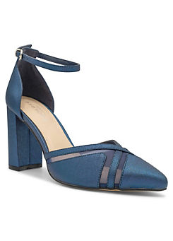 Navy Shimmer ’Rhea’ High Block Heel Ankle Strap Court Shoes by Paradox London