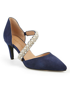 Navy Suede Asymmetric Pearl Trim Strap Court Shoes by Kaleidoscope