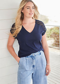 Nellie Lace Insert Navy T-Shirt by Freestyle