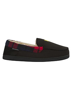 Nigel Black Faux-Suede Men’s Moccasin Slipper With Red Check Trim & Faux-Sheepskin Lining by Lyle & Scott