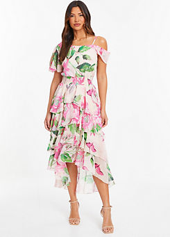 Nude Pink Green Chiffon Cold Shoulder Tiered Dip Hem Dress by Quiz
