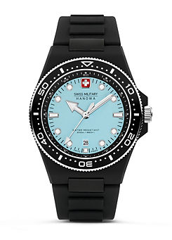 OCEAN PIONEER Watch Black Case with Blue Dial. Black Silicone Strap by Swiss Military