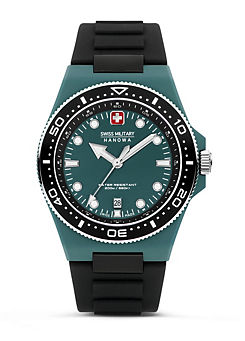 OCEAN PIONEER Watch Black/Green Case with Green Dial. Black Silicone Strap by Swiss Military