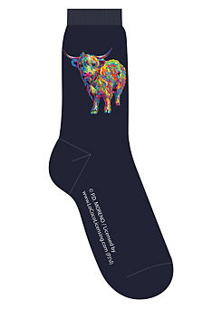 Officially Licensed Highland Cow Luxury Cotton-Rich Navy Men’s Socks by PD Moreno