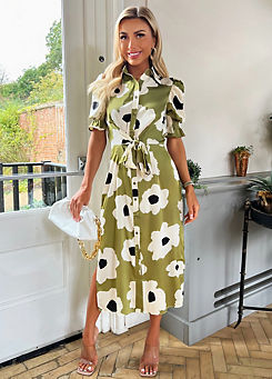 Olive Oversize Floral Print Midi Shirt Dress by AX Paris