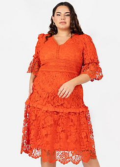 Orange Puff Lace Midi Dress with Puff Sleeve by Lovedrobe Luxe