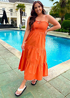 Orange Shirred Halter Neck Midaxi Dress by Jac Jossa