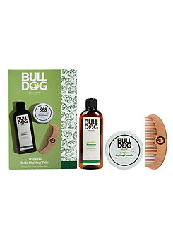 Original Hair Styling Trio - Shampoo 300ml, Styling Pomade 75g & Wooden Comb by Bulldog