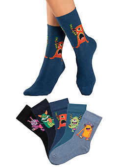 Pack of 5 Monster Motif High Socks by H.I.S