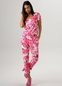 Palm Print Short Sleeve Jumpsuit by Aniston