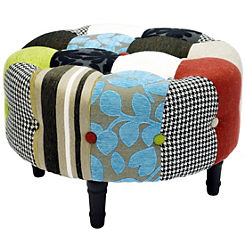 Patchwork Round Pouffe Stool with Wooden Legs
