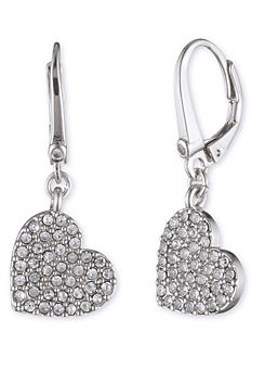 Pave Crystal Heart Drop Earrings in Silver Tone by DKNY