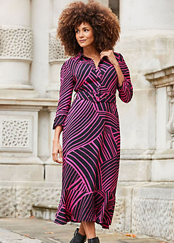 Pink & Black Geometric Print Belted Midi Dress by Sosandar