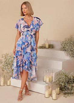 Pink & Blue Floral Chiffon Midi Dress by Quiz