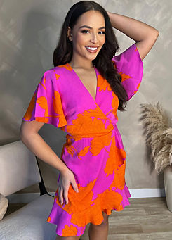 Pink & Orange Floral Printed Short Sleeve Frill Hem Mini Dress by AX Paris
