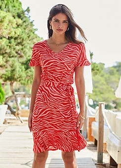Pink & Red Tiger Print Ruffle Hem Tie Waist Jersey Dress by Sosandar