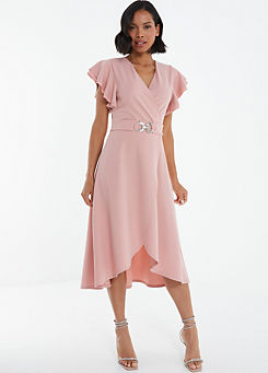 Pink Buckle Wrap Dip Hem Dress by Quiz