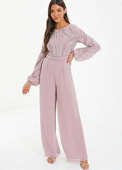 Pink Embellished Jumpsuit with Long Sleeve & Palazzo Trousers by Quiz