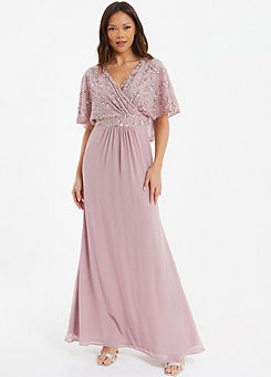 Pink Embellished Mesh Cap Sleeve Maxi Dress with Wrap Bust by Quiz