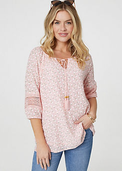 Pink Floral Lace Three-Quarter Sleeve Blouse by Izabel London