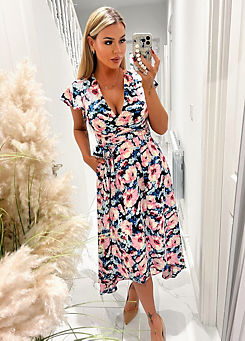 Pink Floral Print Short Sleeve Belted Wrap Midi Dress by AX Paris