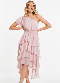 Pink Metallic Chiffon Asymmetric Shoulder Tiered Frill Midi Dress with Shirred Waist by Quiz