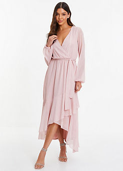 Pink Metallic Chiffon Long Sleeve Wrap Midaxi Dress with Frills by Quiz