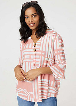 Pink Printed Three-Quarter Flare Sleeve Blouse by Izabel London