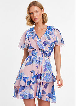Pink and Blue Floral Chiffon Mini Dress by Quiz