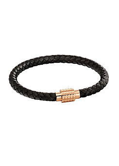Plaited Black Leather And Rose Gold IP Hexagon Clasp Mens Bracelet by Fred Bennett