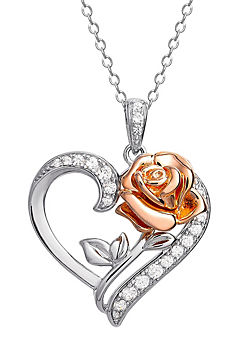 Princess Silver & Rose Gold Sterling Silver CZ Rose Heart Pendant Necklace by Disney