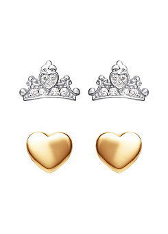 Princess Sterling Silver & Rose gold plated Crown & Heart Earrings by Disney