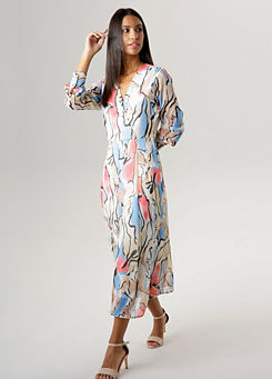 Printed V-Neck Wrap Midi Dress by Aniston