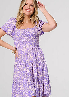 Purple Printed Short Bardot Smock Dress by Izabel London