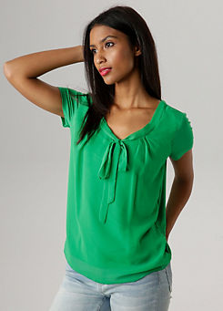Pussy Bow Blouse Top with Chiffon Front by Vivance