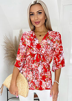 Red Floral Front Tie Wrap Top by AX Paris
