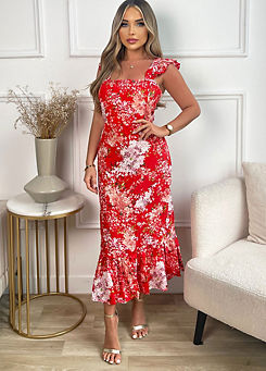 Red Floral Printed Frill Strap Midi Dress by AX Paris