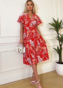 Red Floral Printed Pleated Midi Dress by AX Paris