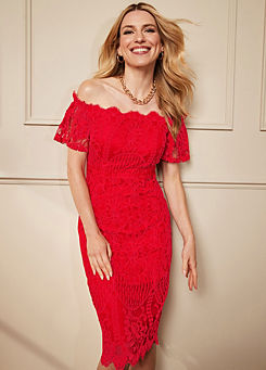 Red Lace Bardot Dress by Kaleidoscope