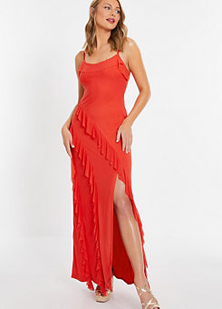 Red Mesh Strappy Ruffle Maxi Dress by Quiz