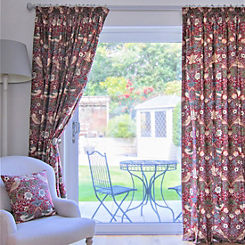 Red Strawberry Thief Pencil Pleat Lined Curtains by William Morris