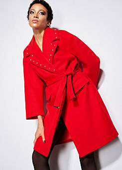 Red Studded Wrap Collar Coat by Star By Julien Macdonald