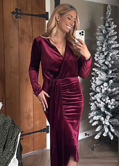 Red Velvet Wrap Front Drape Midi Dress by In The Style x Stacey Solomon
