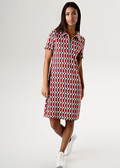 Retro Print Half Zip Short Sleeve Jersey Dress by Aniston