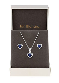 Rhodium Plated Blue Cubic Zirconia Heart Set - Gift Box by Jon Richard